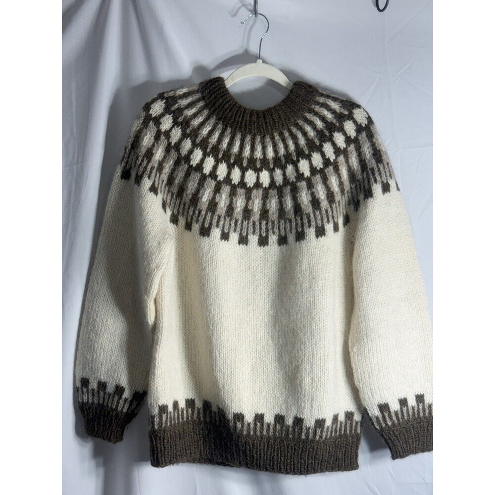 Handwoven Wool/Rabbit Hair Dual Sided Print Brown/Cream Crew Neck Chunky Sweater